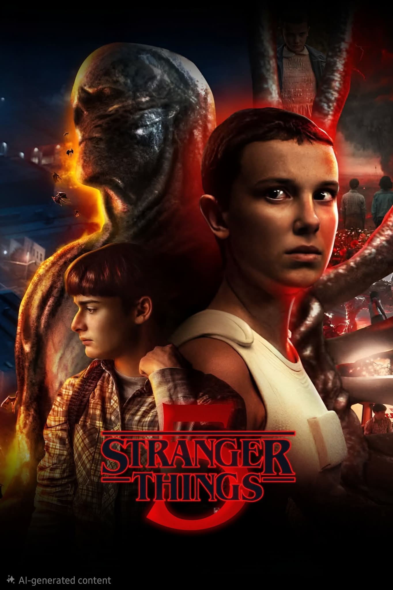 Poster for Stranger Things featuring three main characters in front, with a large monster in the background and dramatic red lighting and scenes from the show surrounding them. The show's title is at the bottom, making it an eye-catching choice for any Colombia IPTV viewer looking to relive this thrilling series.