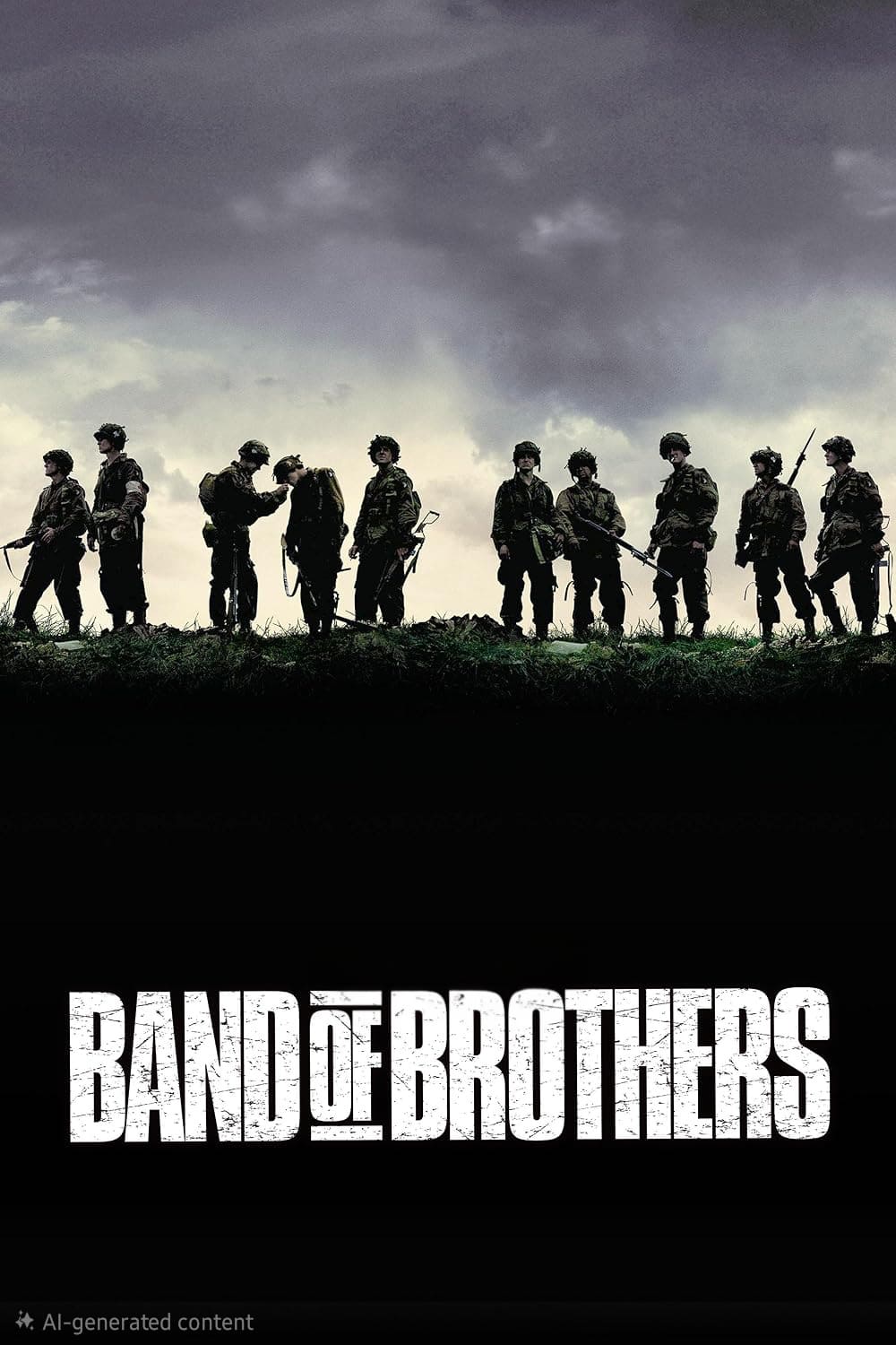 Silhouetted soldiers stand in a row on a grassy hill under a cloudy sky. Large text at the bottom reads Band of Brothers, reminiscent of an epic scene you might stream on Colombia IPTV.