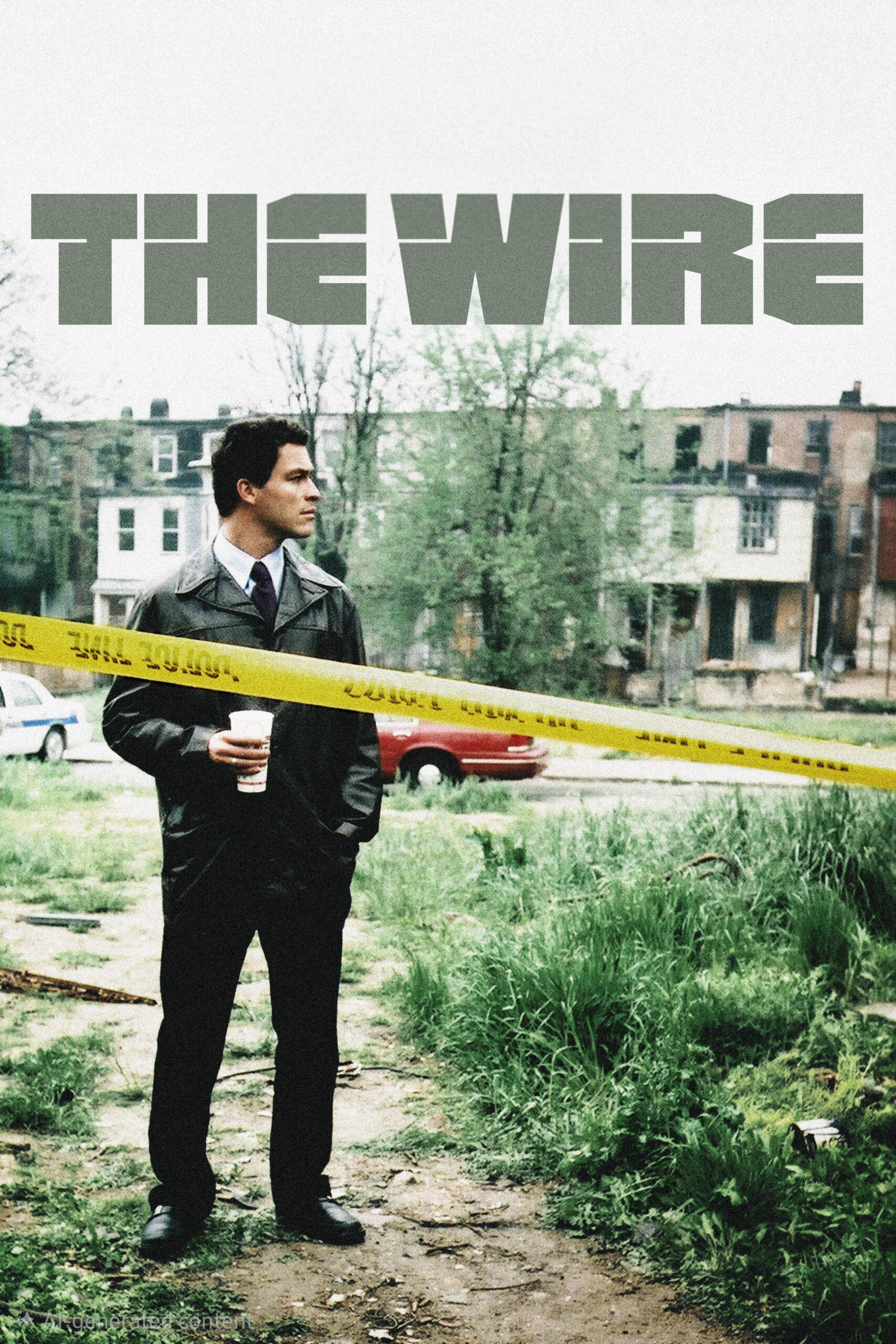A man in a suit stands behind yellow police tape in an overgrown urban lot, reminiscent of gritty scenes familiar to Colombia IPTV viewers. Text reading THE WIRE appears above him. Row houses and a red car are visible in the background.