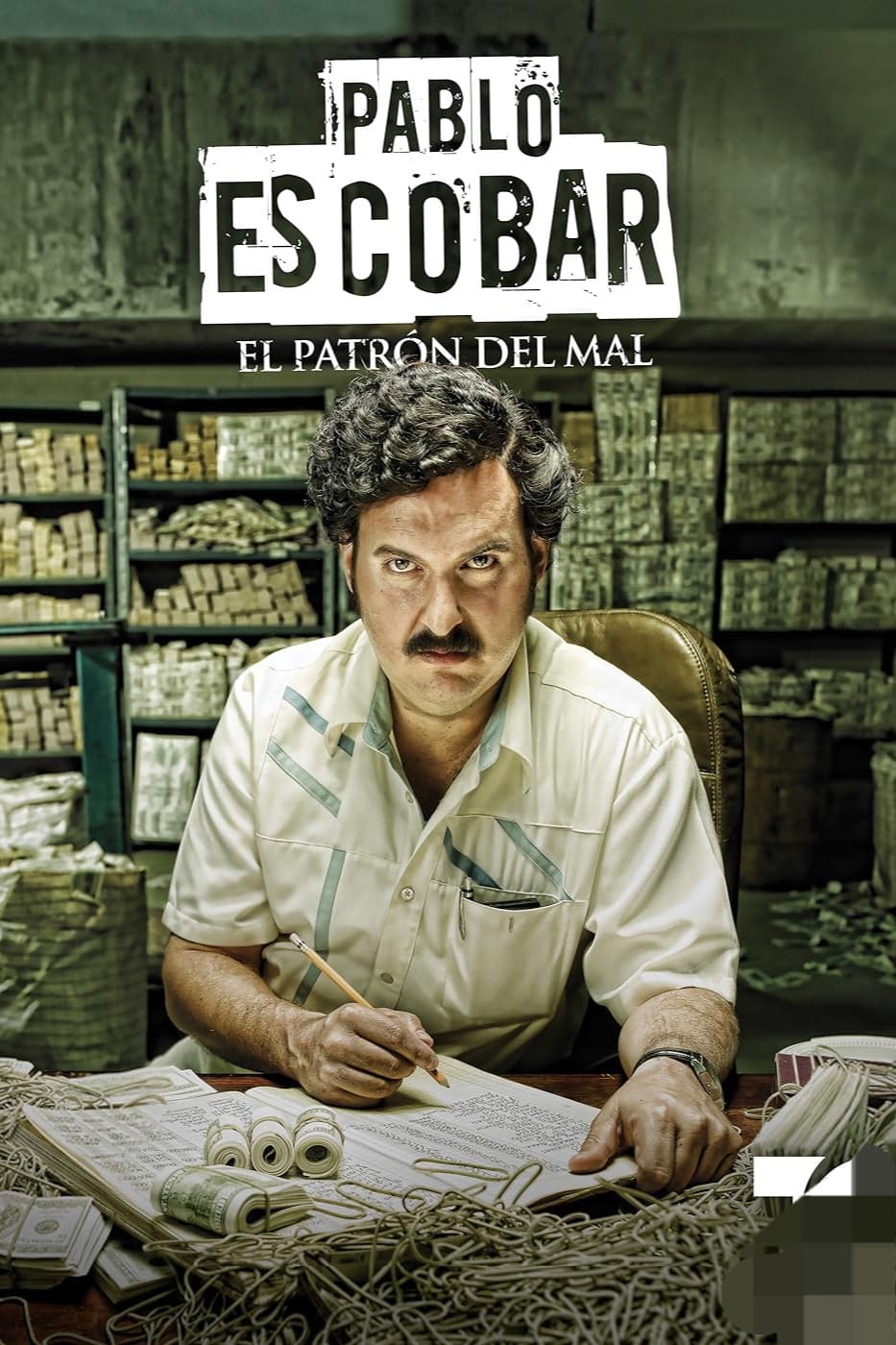 A man with a mustache sits at a cluttered desk with stacks of money behind him. The text above reads Pablo Escobar: El Patrón del Mal. The setting appears dimly lit and serious, capturing the notorious atmosphere of Colombia’s criminal underworld—a story now streaming on Colombia IPTV.