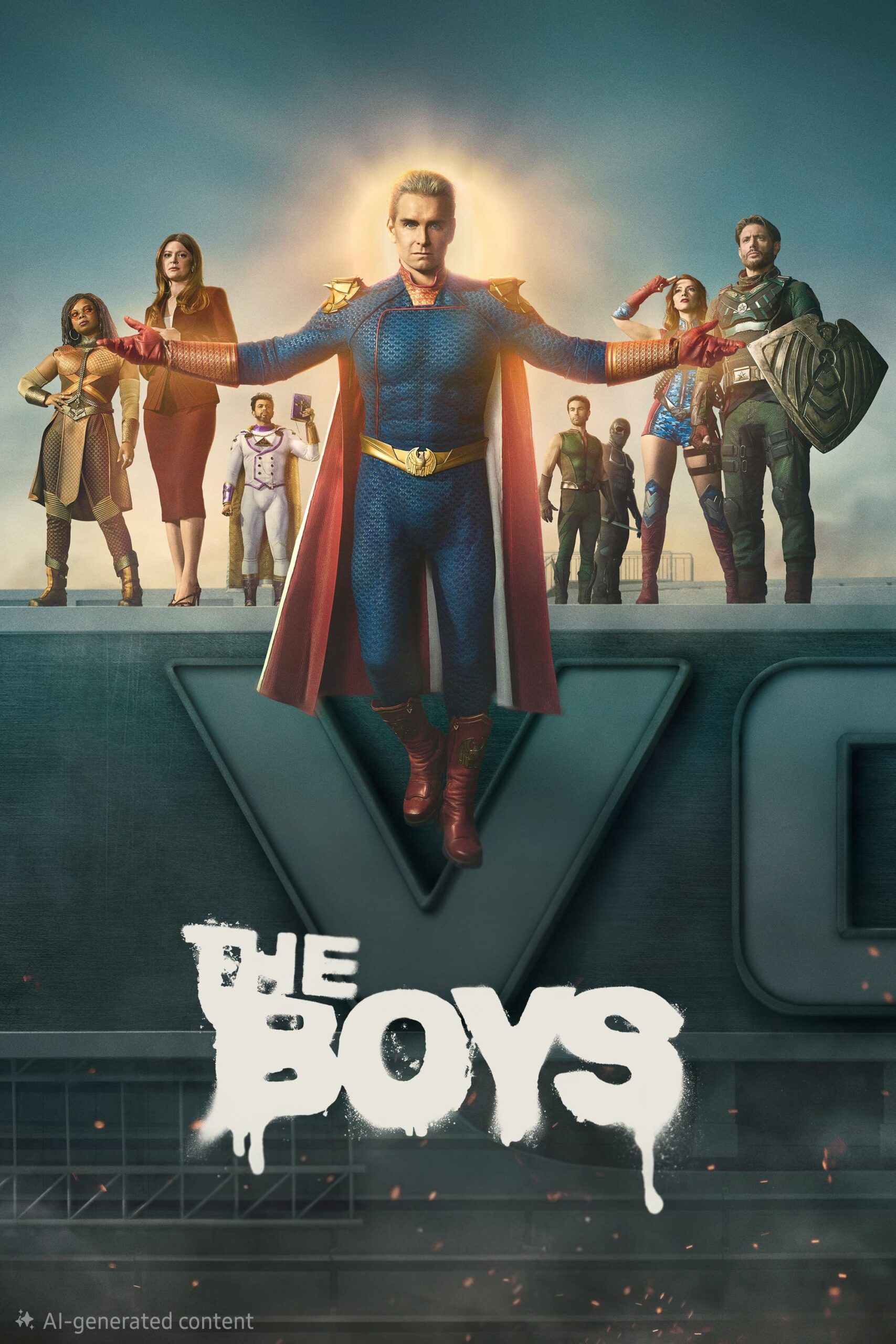 A group of eight superheroes in colorful costumes stand on a rooftop, led by a blonde man in a blue suit with a cape. The words The Boys appear in bold, white, distressed text at the bottom, reminiscent of an electrifying show you'd catch on Colombia IPTV.