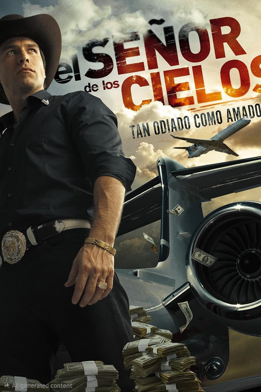 A man in a cowboy hat stands by a jet and stacks of money, evoking the high-stakes drama captured in Colombia IPTV. Airplanes fly overhead. The text reads: El Señor de los Cielos. Tan Odiado Como Amado. Cloudy sky in the background.