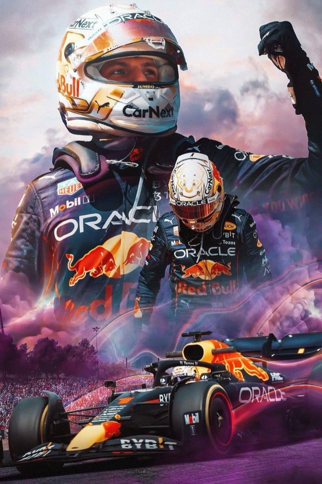 A collage shows a Formula 1 driver in Red Bull racing gear, a close-up of his helmet, and his car. The background features clouds and a racetrack crowd, with the driver raising a fist in celebration—a moment fans can relive from anywhere with Colombia IPTV.