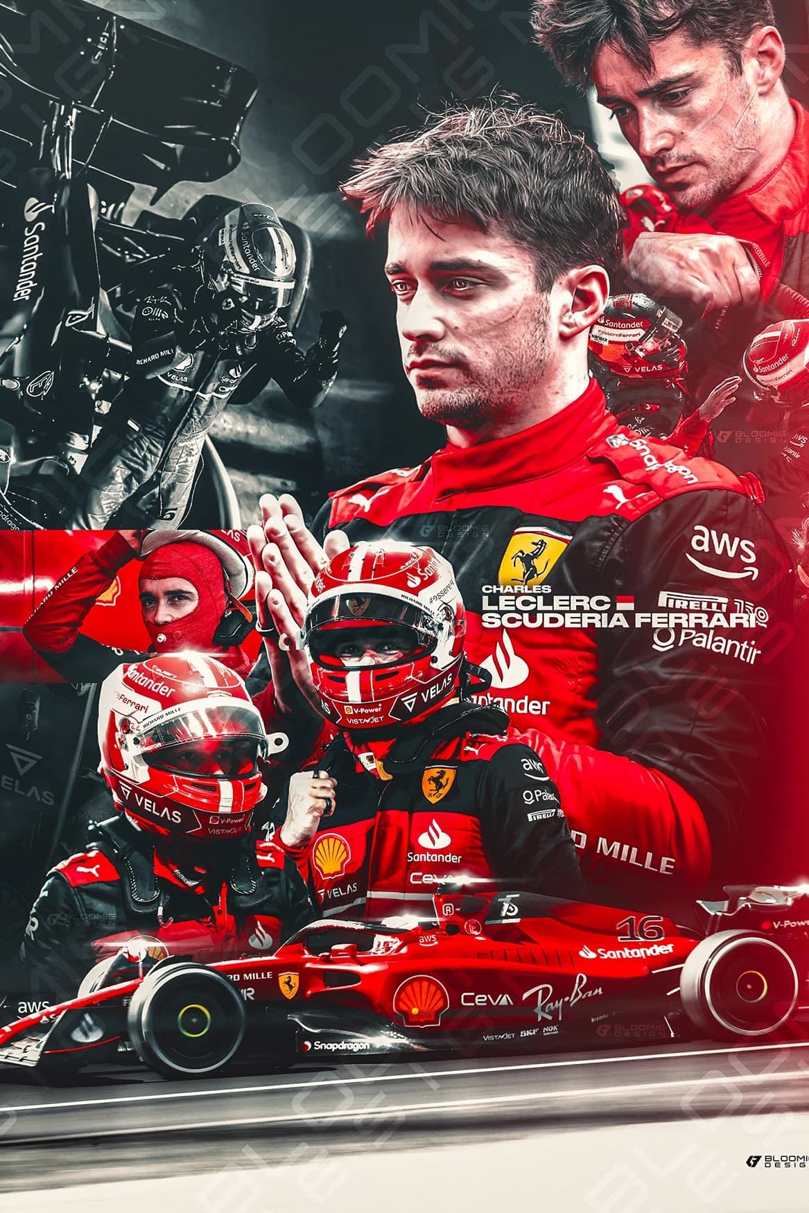 A collage of a Formula 1 driver in a red Ferrari suit, including close-ups, helmeted shots, and him seated in a Ferrari race car with dynamic, dramatic lighting and prominent team branding visible—perfect for motorsport fans tuning in from around the world on services like Colombia IPTV.