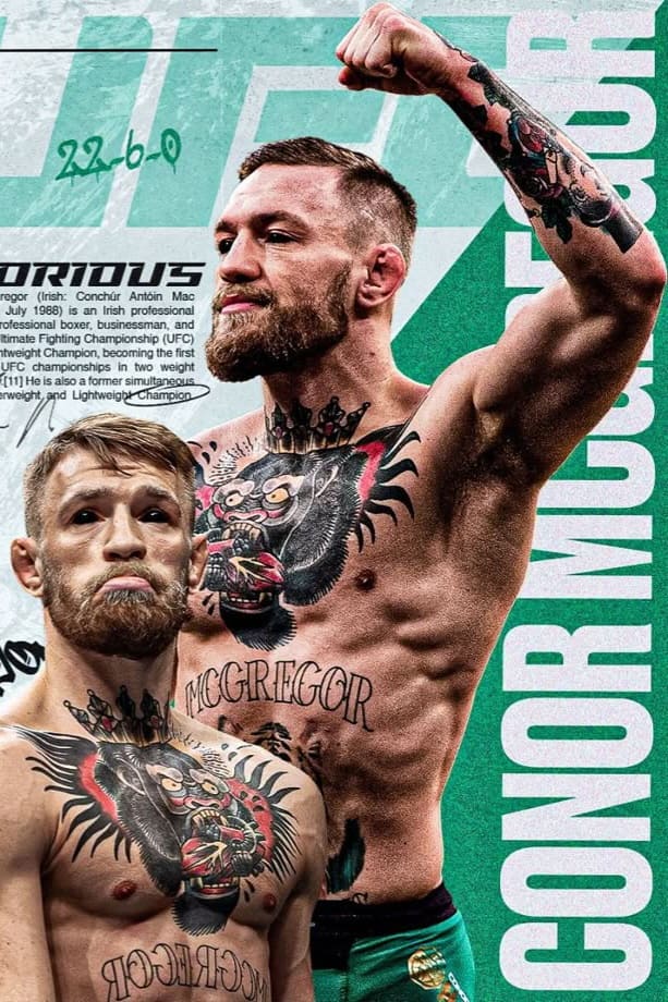 Two tattooed male MMA fighters, one flexing his arm and shouting while standing behind the other, who looks serious. A green text background reads CONOR MCGREGOR, highlighting the fierce energy seen on screens worldwide—including through Colombia IPTV.