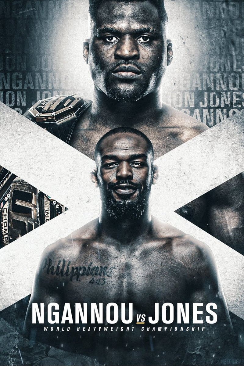 Two muscular men pose shirtless against a dramatic background with bold text: Ngannou vs Jones, World Heavyweight Championship. One wears a championship belt; both look intense and focused, ready for battle. Watch the action live through Colombia IPTV and never miss a moment of this epic showdown.