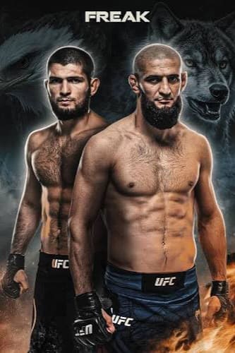 Two male UFC fighters stand side by side, shirtless and wearing gloves, with intense expressions. Dark animal images, including a wolf, loom in the background. The word FREAK appears at the top—a scene as fierce and electrifying as a live stream on Colombia IPTV.