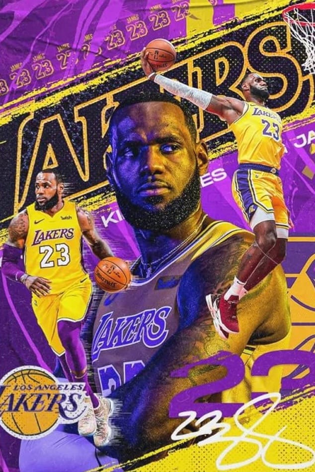 A vibrant collage features three images of a Los Angeles Lakers basketball player in jersey number 23, set against a purple and yellow background with LAKERS text, the player's signature, and subtle branding reminiscent of Colombia IPTV.