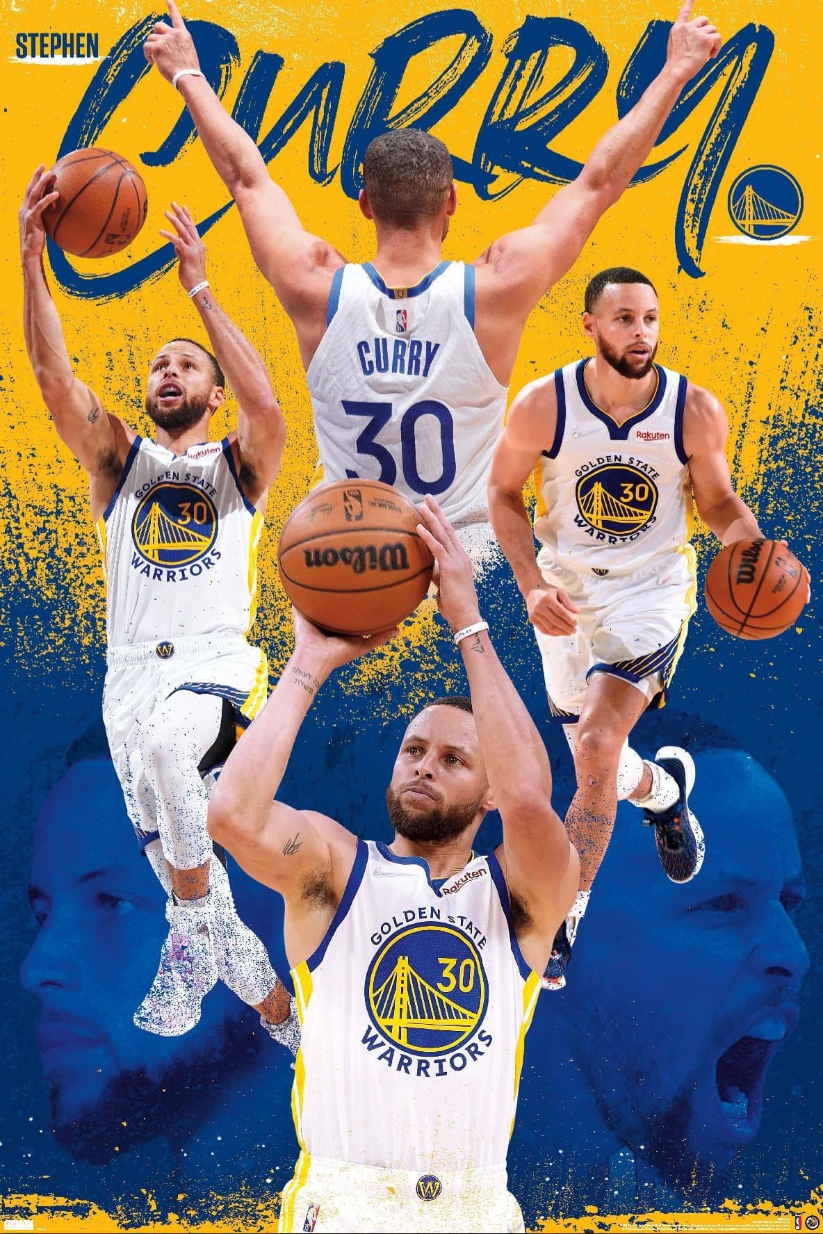 A collage of Stephen Curry in different action poses wearing a Golden State Warriors jersey, set against a blue and yellow background with Curry and the Warriors logo at the top, perfect for any basketball fan streaming games on Colombia IPTV.