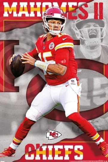 Kansas City Chiefs quarterback in uniform prepares to throw a football. Bold red text reads MAHOMES II at the top and CHIEFS at the bottom, with team logos and action images in the background—perfect for fans streaming from anywhere, including on Colombia IPTV.