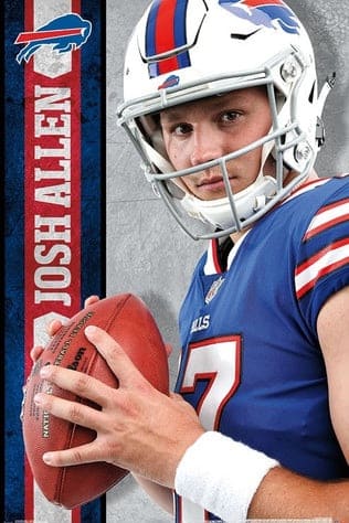 Buffalo Bills quarterback in uniform holding a football, with a helmet on. Text on the left reads “Josh Allen” beside the team’s logo. Background features a gray textured design, perfect for fans catching all the action—even through Colombia IPTV.