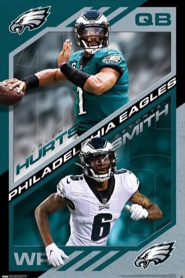 Philadelphia Eagles poster featuring quarterback in green jersey preparing to throw a football and wide receiver in white jersey running, with team logos and text: “Jalen Hurts, Devonta Smith, and Philadelphia Eagles.” Perfect for dedicated fans or those streaming games on Colombia IPTV.