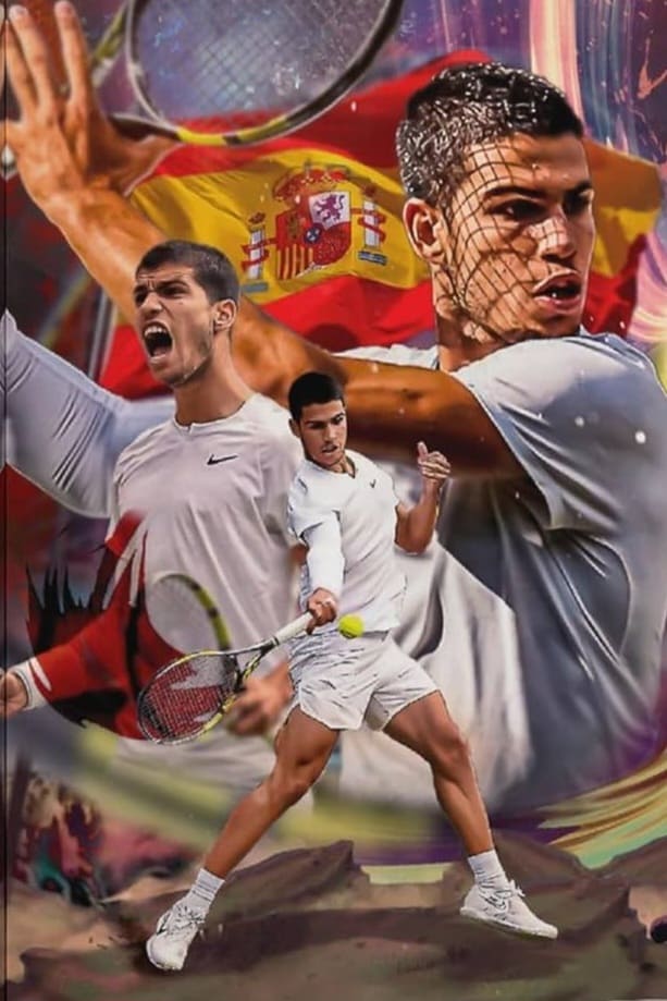 A digital collage features a male tennis player in various action poses, a Spanish flag in the background, and bright dynamic colors emphasizing movement and energy—perfect for sports enthusiasts seeking inspiration or those exploring Colombia IPTV for vibrant sports content.