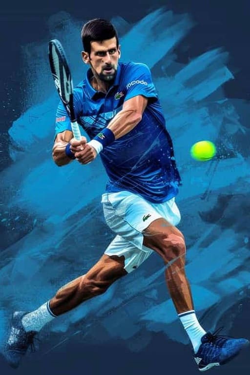 A male tennis player in a blue shirt and white shorts prepares to hit a two-handed backhand, eyes focused on a bright tennis ball, with an abstract blue background reminiscent of dynamic Colombia IPTV graphics.
