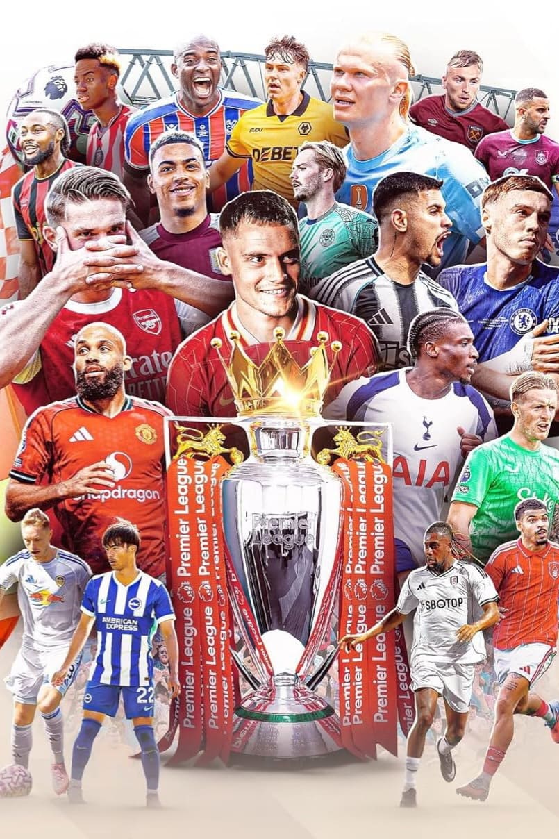 Collage of Premier League football players from various teams standing around the Premier League trophy, each wearing their clubs kit, with a stadium background—perfect for showcasing on Colombia IPTV sports channels.