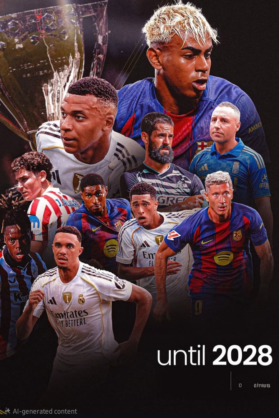 A collage of male soccer players from various clubs in action poses with a shiny trophy in the background, and the text until 2028 at the bottom right, highlighting the excitement of Colombia IPTV sports broadcasts.