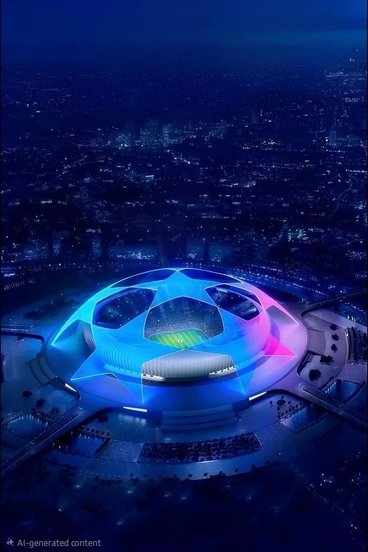 A large, modern football stadium glows with blue and pink lights at night, its roof displaying a star pattern, while fans stream the electrifying match inside on Colombia IPTV, all surrounded by a dramatic dark cityscape.