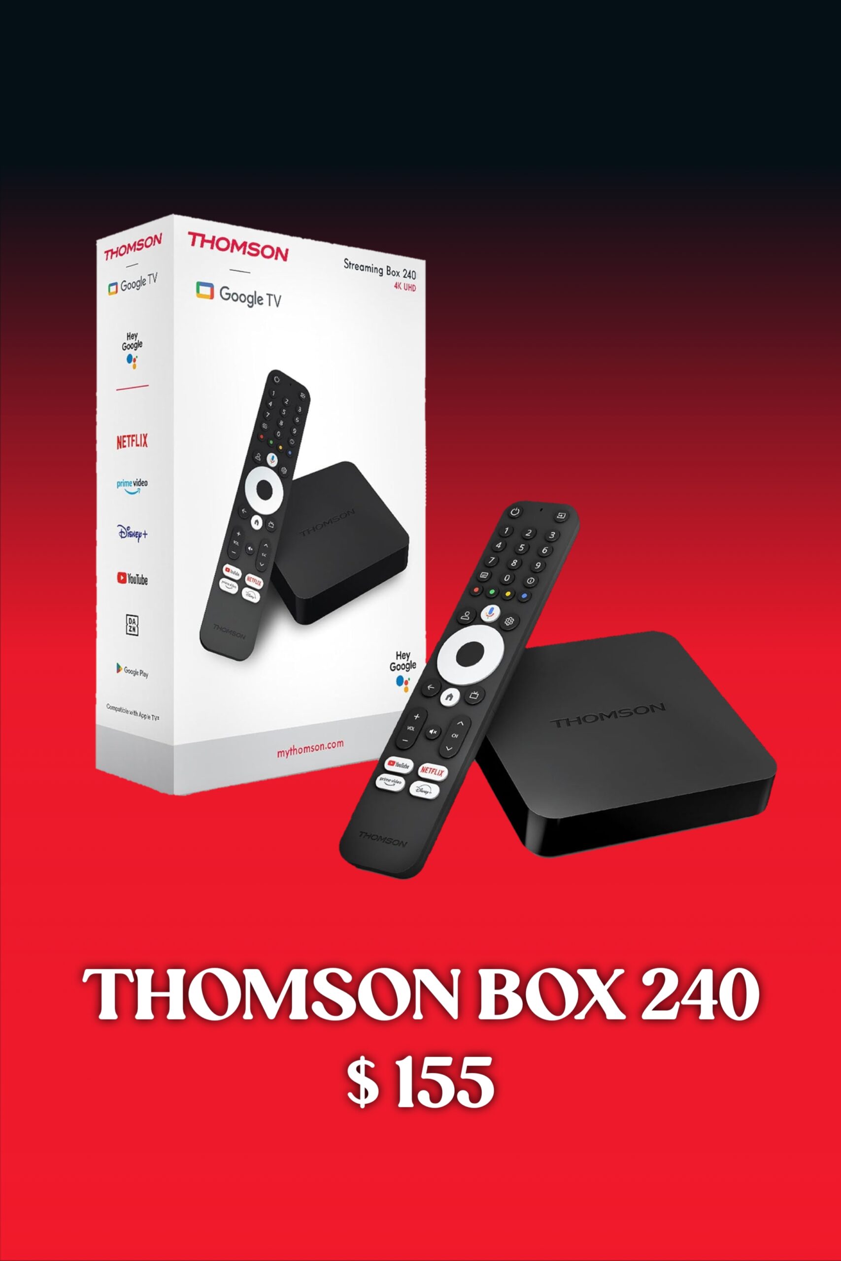 Thomson Box 240 streaming device with remote, shown next to its packaging. Ideal for Colombia IPTV enthusiasts, this device is priced at $155. Background is a red gradient.