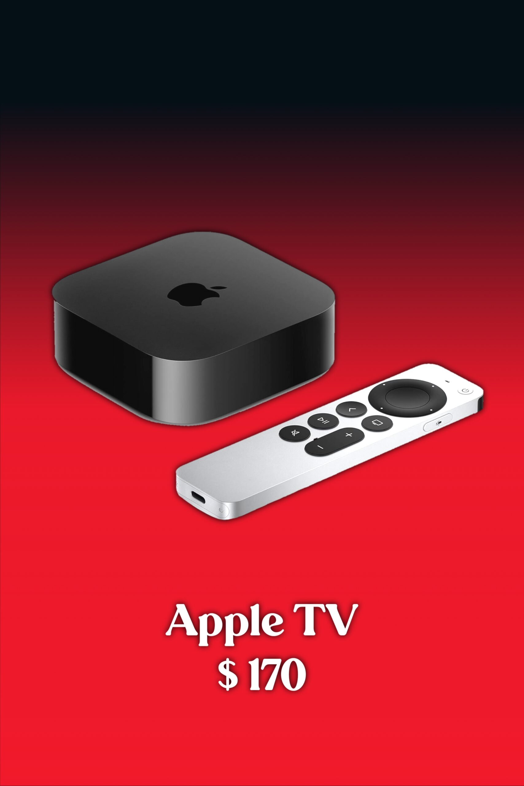 A black Apple TV box and a silver remote are displayed on a red gradient background, highlighting the perfect setup for streaming Colombia IPTV. The text below reads, “Apple TV $170.”.