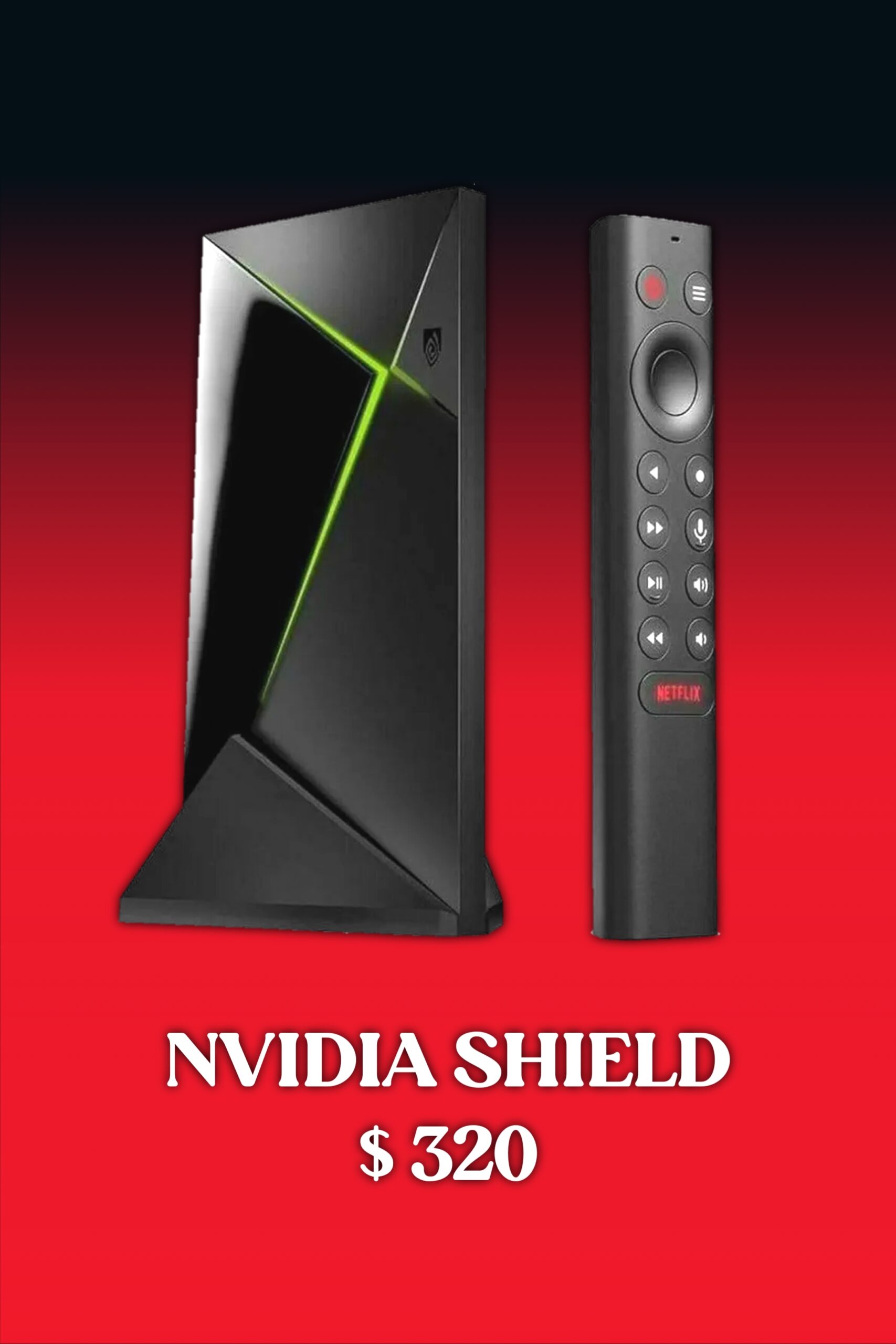 NVIDIA Shield streaming device and remote control on a red background, with the text NVIDIA SHIELD $320 below them—perfect for enjoying Colombia IPTV channels in high definition.