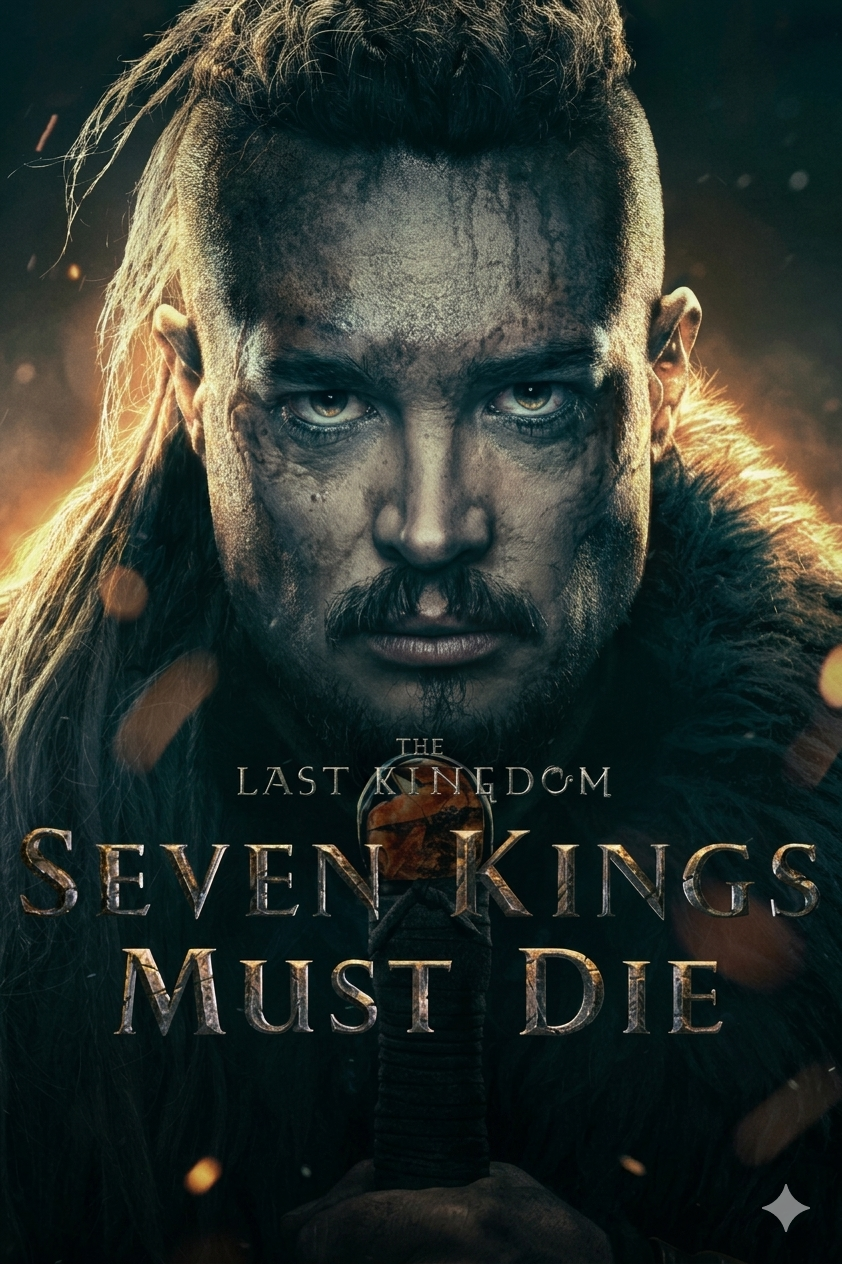 A fierce warrior with long hair and a fur cloak stares ahead, face dirty and intense—ready for the battles ahead. Text reads: The Last Kingdom: Seven Kings Must Die. Stream this epic tale with Colombia IPTV for an unforgettable viewing experience.