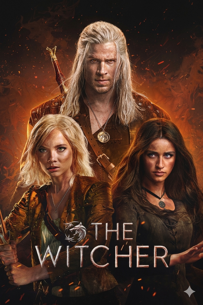 Three fantasy characters stand amid glowing embers: a white-haired man in armor behind two women, one blonde and one brunette, both holding weapons. The text “The Witcher” is displayed at the bottom, evoking the kind of epic adventure you might stream on platforms like Colombia IPTV.
