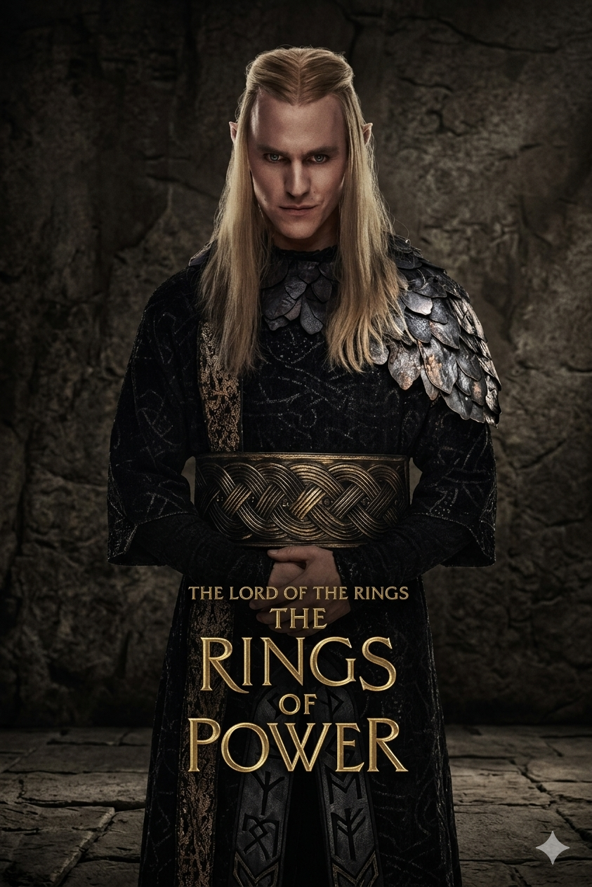A character with long blond hair and pointed ears, dressed in dark armor, stands against a stone wall. Text reads: The Lord of the Rings: The Rings of Power, streaming now on Colombia IPTV.