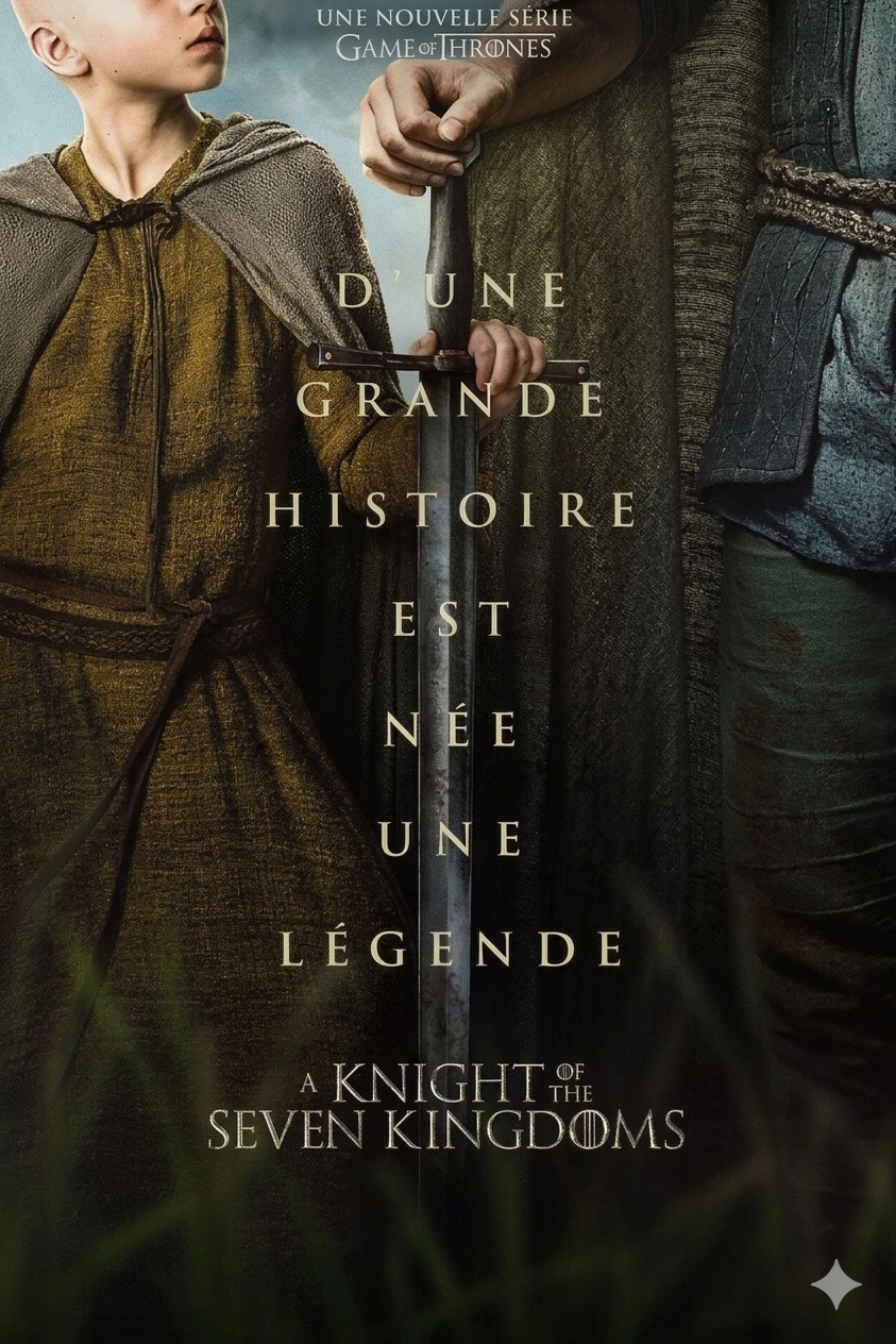 A child with a cloak holds a staff beside an armored adult holding a sword. French text overlays the image, promoting “A Knight of the Seven Kingdoms,” a Game of Thrones spinoff series, now available to stream on Colombia IPTV.