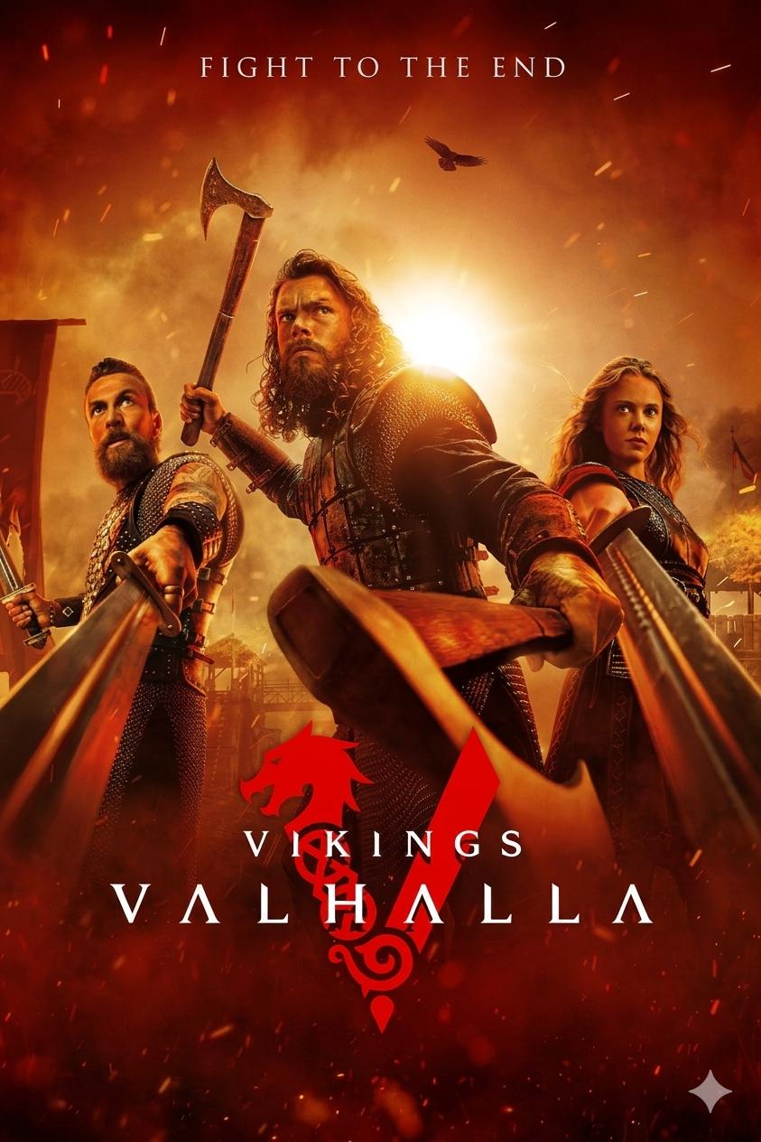 Three fierce warriors in Viking armor hold weapons and stand ready for battle, with a fiery sunset behind them. Text reads Fight to the End and Vikings Valhalla with a red dragon logo, showcasing adventure as epic as streaming your favorite shows on Colombia IPTV.