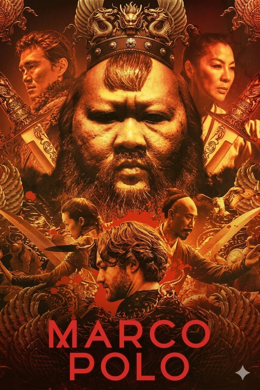 Poster for the series Marco Polo showing a crowned central figure, surrounded by other characters holding swords, with a fiery red background and ornate designs. Streaming now via Colombia IPTV, the title Marco Polo appears at the bottom in large letters.