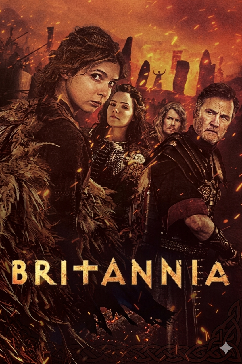 Four characters in ancient attire stand before a fiery, chaotic background with stone monoliths. The title Britannia appears across the bottom in bold letters, reminiscent of an epic scene you might stream on Colombia IPTV. The image conveys tension and drama.
