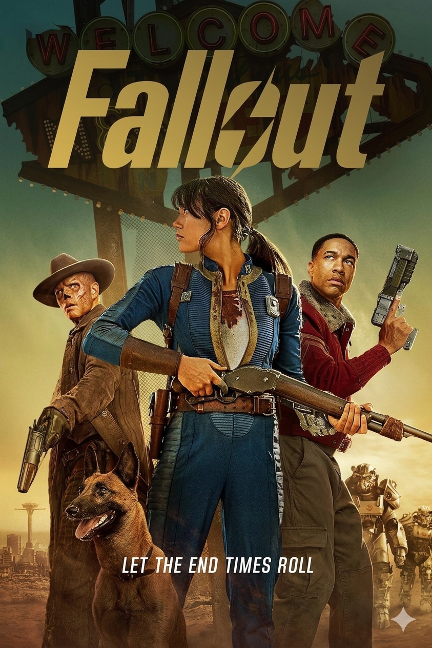 Three people and a dog stand ready with weapons in a post-apocalyptic setting, with Fallout written above them. A ruined Welcome sign and barren landscape are in the background, echoing the desolate vibes one might see on Colombia IPTV’s grittiest broadcasts. Text below reads, Let the end times roll.