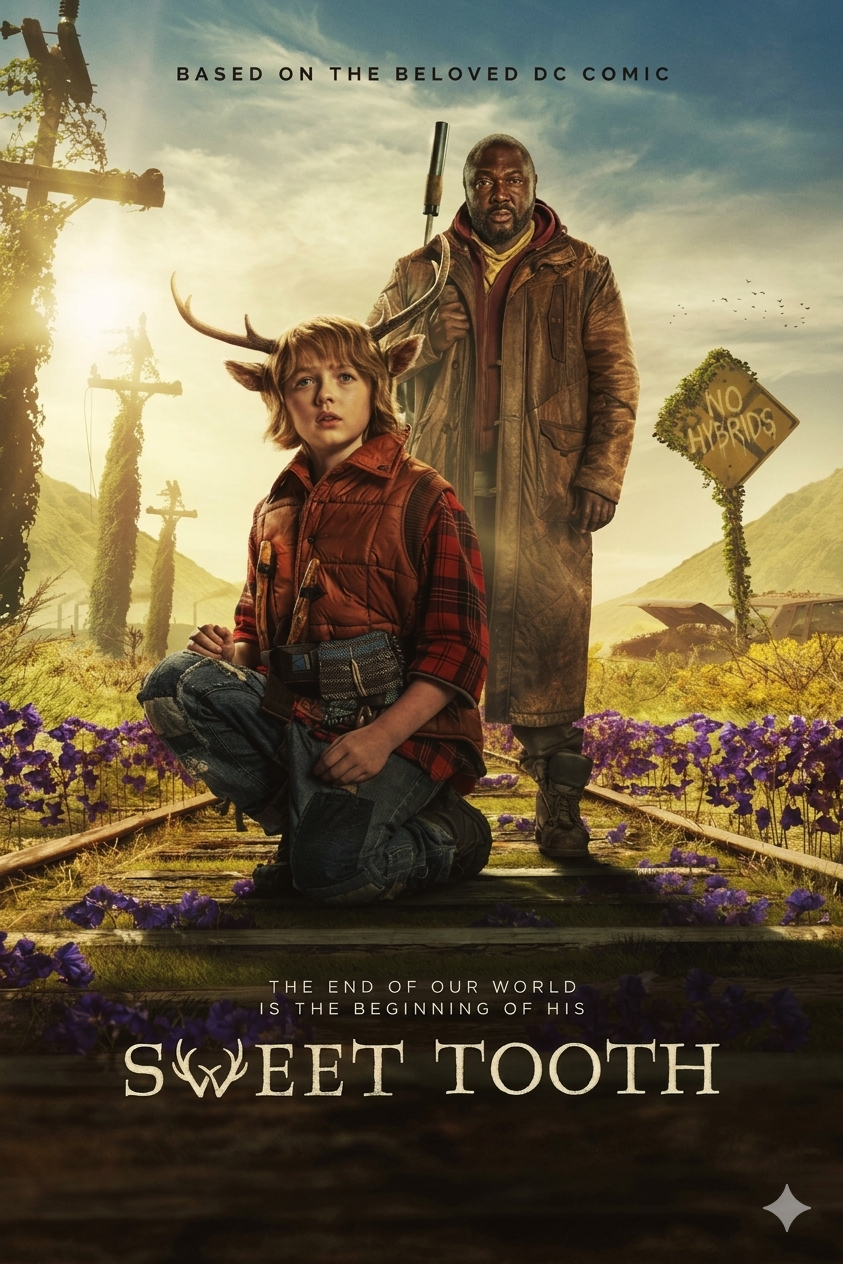 A young boy with deer antlers kneels on train tracks, with a man standing behind him. Wildflowers surround them, and a No Hybrids sign is visible. At the bottom, the poster reads “Sweet Tooth,” highlighting a story as unique and captivating as discovering Colombia IPTV’s hidden gems.