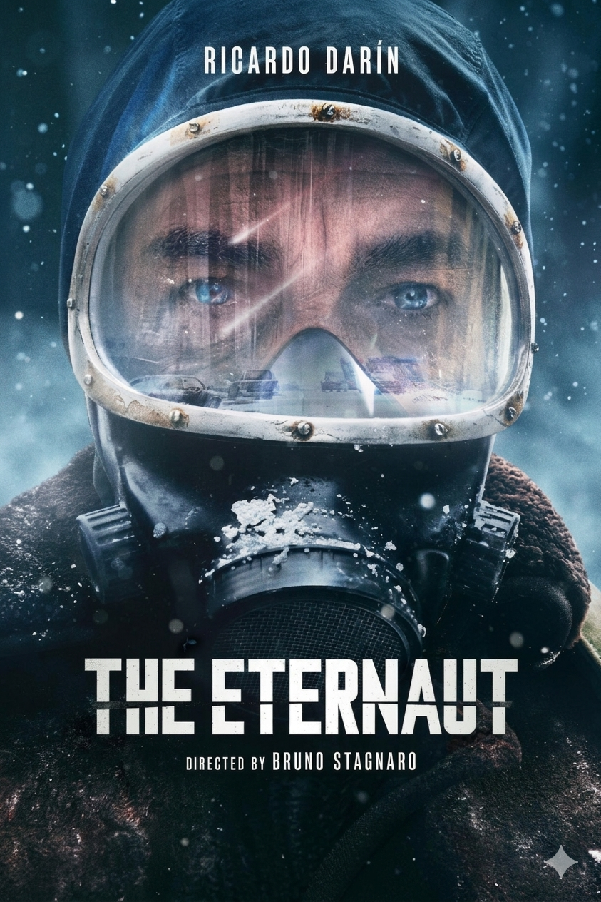 A man in a cold-weather suit and goggles with ice on his face stares ahead. Text reads “RICARDO DARÍN” at top, “THE ETERNAUT” and “Directed by Bruno Stagnaro” at the bottom. Snow falls in the background, capturing a chilling moment that viewers can now experience worldwide through Colombia IPTV.