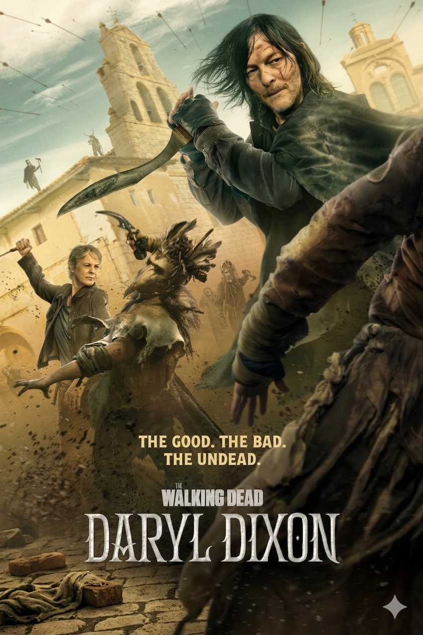 Two people wield weapons, fighting zombies in a ruined town as buildings and debris loom in the background. Text reads: The Good. The Bad. The Undead. The Walking Dead: Daryl Dixon. Watch the action unfold live with Colombia IPTV, bringing every thrilling moment right to your screen.