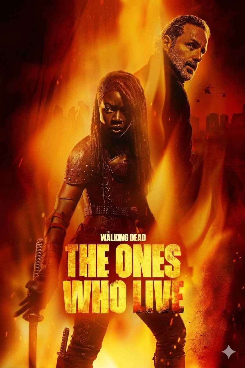 A dramatic poster for The Walking Dead: The Ones Who Live shows two armed characters standing amid flames, with a city skyline and helicopters in the background. Perfect for fans streaming on Colombia IPTV, the title is in bold yellow letters at the bottom.