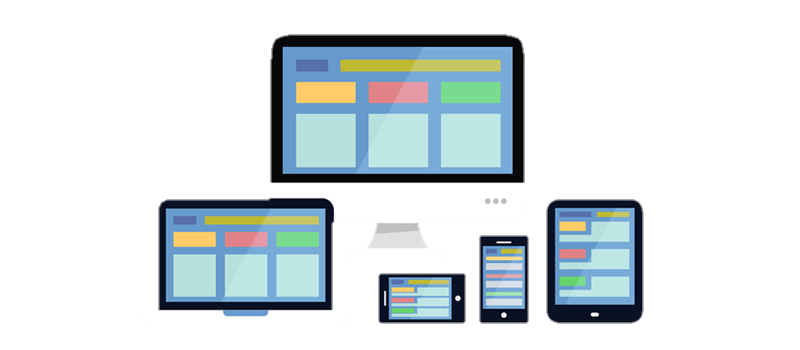 Illustration of a computer monitor, laptop, tablet, and two smartphones displaying colorful, grid-like website layouts—one featuring a Colombia IPTV service—representing responsive web design across multiple devices.