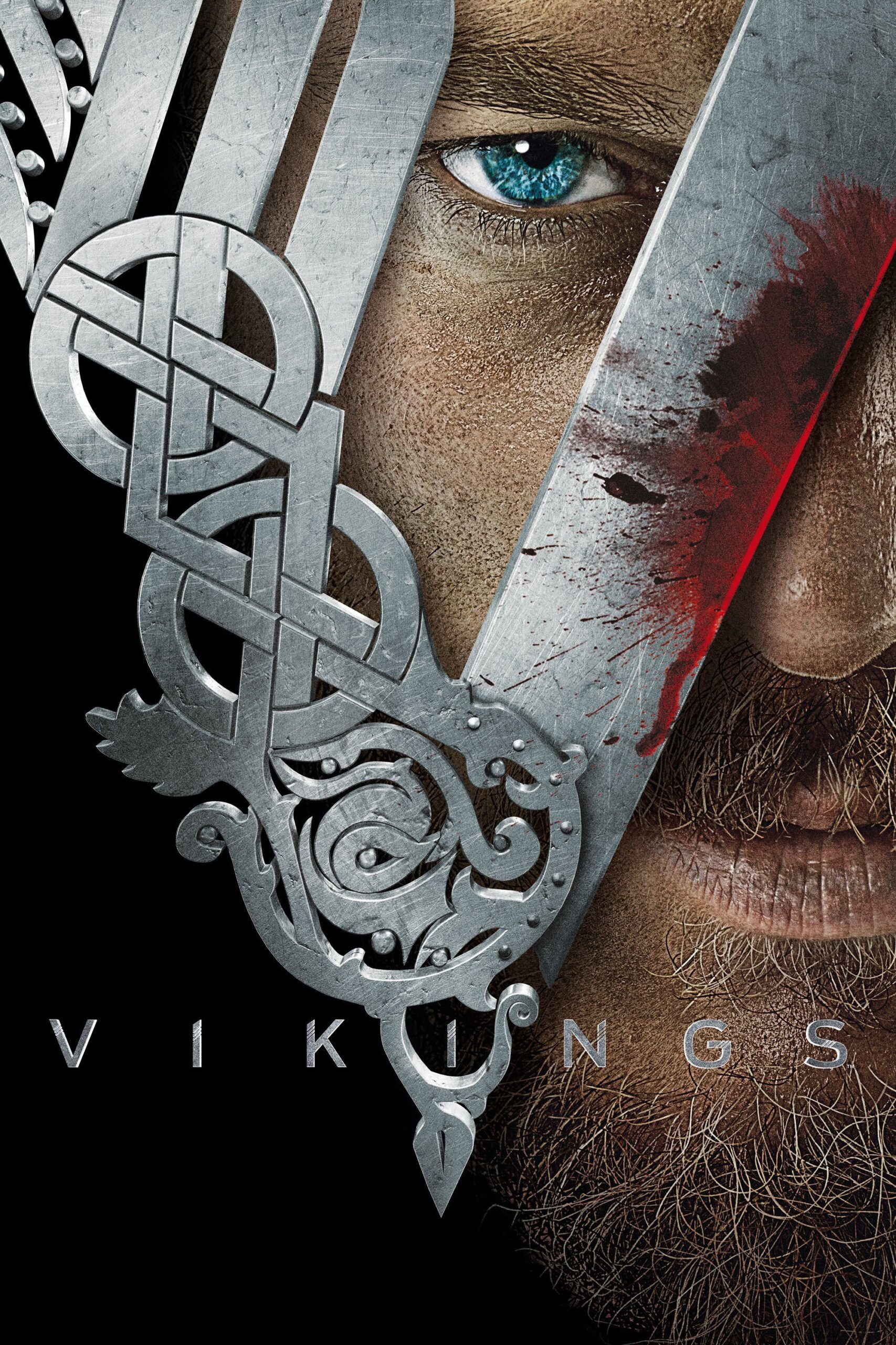 A close-up of a man's face with a Viking helmet, blue eye, blood smear, and intricate metal design evokes strength and drama, while the word "Vikings" appears boldly at the bottom—a powerful image perfect for promoting Colombia IPTV content.