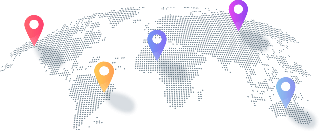 A dotted world map with five colorful location pins placed on different continents, indicating various points of interest or locations around the globe—perfect for highlighting popular destinations or showcasing international services such as Colombia IPTV.
