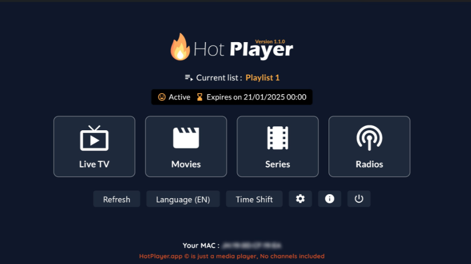 Hot Player app interface showcasing Colombia IPTV options for Live TV, Movies, Series, and Radios. A notice indicates the playlist is active and expires on 21/01/2025. Buttons for refresh, language, and time shift are visible.