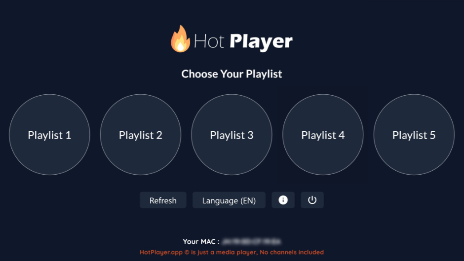 A dark-themed media player interface displays Hot Player with a flame icon, five circular playlist buttons, and options for refresh, language, and power at the bottom. The Colombia IPTV service is highlighted alongside the MAC address and copyright info.