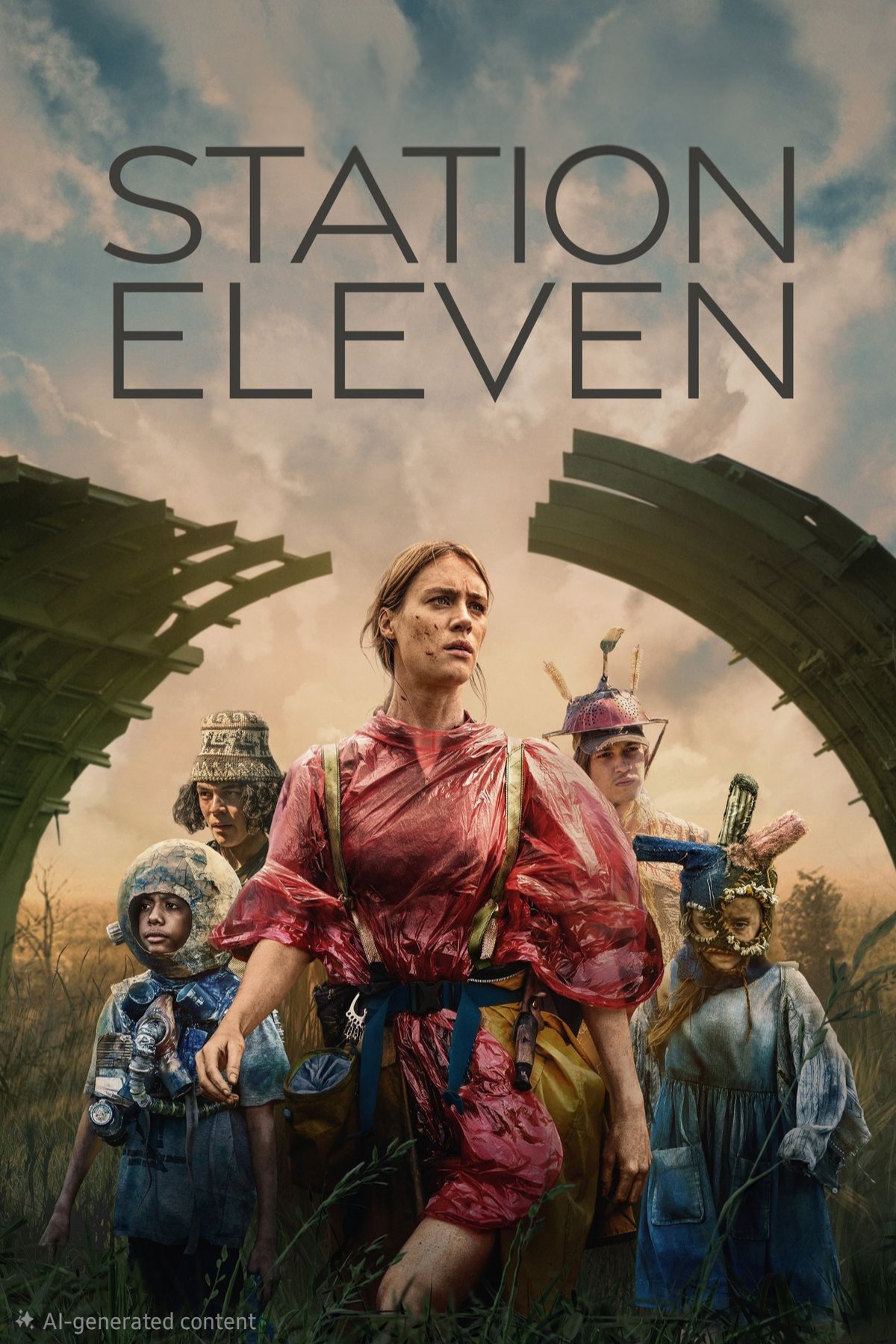 A group of people in colorful costumes stand in tall grass under broken metal arches, with dark clouds behind them and STATION ELEVEN written above, evoking a scene as vivid and captivating as the diverse programming found on Colombia IPTV.